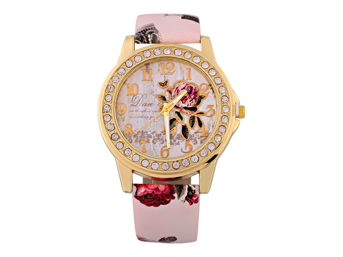 Reloj Analógico De Cuarzo Con Correa De Poliuretano, Estampado Floral Y Decoración De Diamantes De Imitación (correa Rosa).