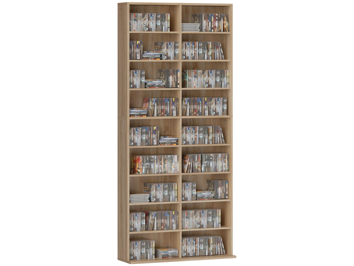 Mueble para CD y DVD con 18 compartimentos, capacidad máxima de 640 CD/360 DVD, 430 Blu-ray, 78,5 x 24 x 175 cm, madera natural.
