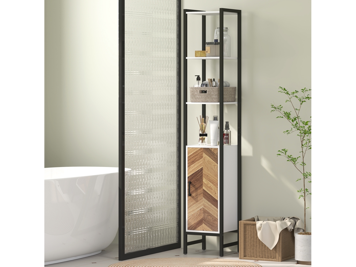 VPMKP - Homcom columna para baño armario alto 3 estantes abiertos 1 puerta estante ajustable sistema antivuelco, 30x30x170 cm, blanco y madera
