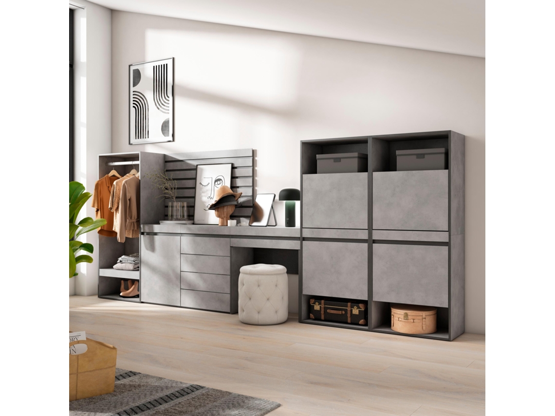 Zapatero, 357x145x35 cm, Dormitorio, habitación, Vestidor abierto, Cómoda, Cajonera, Listones Decorativos, Tocador, Cemento SKRAUT HOME