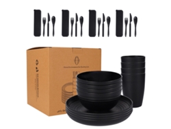 JILLIOPER Bol de paja de trigo negro, recipiente, vaso, cubiertos de plástico y juego de 28 piezas para regalo