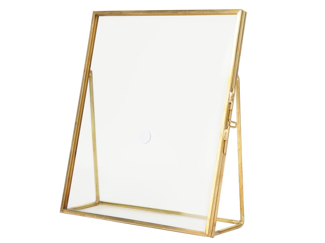 Marco de exhibición de plantas de vidrio geométrico con soporte, estilo simple, borde dorado, 14 x 16 x 4,7 cm
