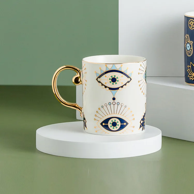Taza de café de cerámica con diseño nórdico del ojo turco, taza de lujo para la oficina con borde dorado. MDUG (Estilo E, 300 ml)
