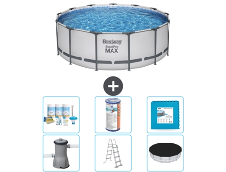 Piscina BESTWAY Round Steel Pro MAX - 396 x 122 cm - Gris - Bomba incluida - Escalera - Cobertor Paquete de mantenimiento - Filtrar - Baldosas