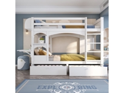 Cama Litera Infantil 90x200 - Multifuncional, Con Escritorio Plegable, Estante, Escalera Y 2 Cajones - Blanca