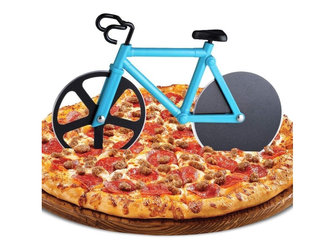 Cortador de pizza doble de acero inoxidable 2026 con cuchillas afiladas y revestimiento antiadherente, diseño de bicicleta con soporte (azul)