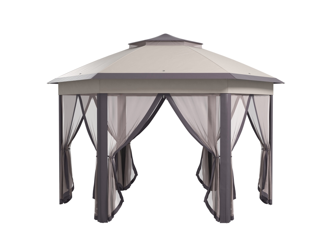 Carpa Plegable De 4x4 M Con Techo Hexagonal Y 6 Lados, Color Café.