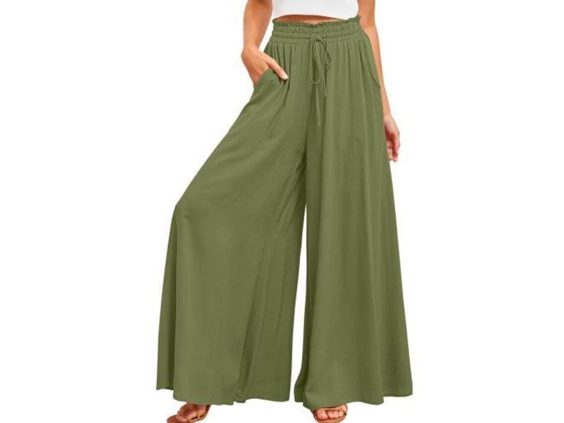 2026-pantalones Casuais Para Mulher Com Cintura Elástica, Pernas Largas E Bolsos L Verde Ejército
