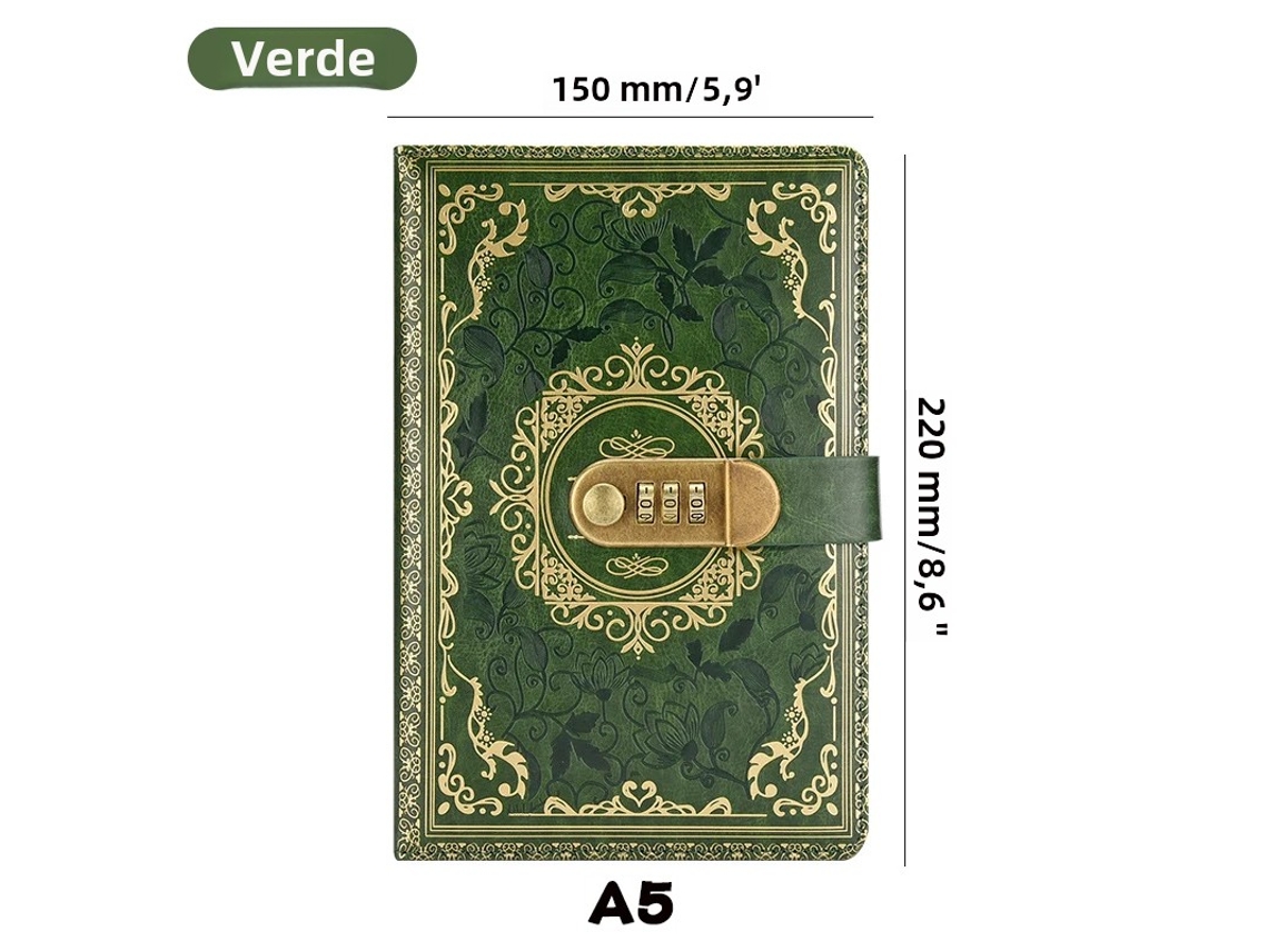 Libreta numerada estilo retro con candado, tamaño A5, adecuada para hombres y mujeres. (verde)