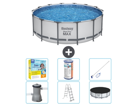 Piscina BESTWAY Round Steel Pro MAX - 427 x 122 cm gris - Incluida bomba - Escalera - Cobertor Paquete de mantenimiento - Filtrar - kit de limpieza