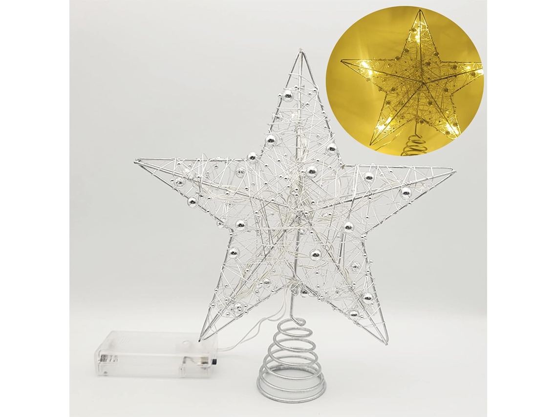 Adorno para árbol de Navidad de metal plateado con purpurina, luces LED a pilas, decoración navideña iluminada para uso en interiores y exteriores, elegante.