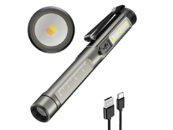 Linterna bolígrafo con luz LED blanca y amarilla, recargable vía Tipo C, compacta y portátil, con clip para bolígrafo.