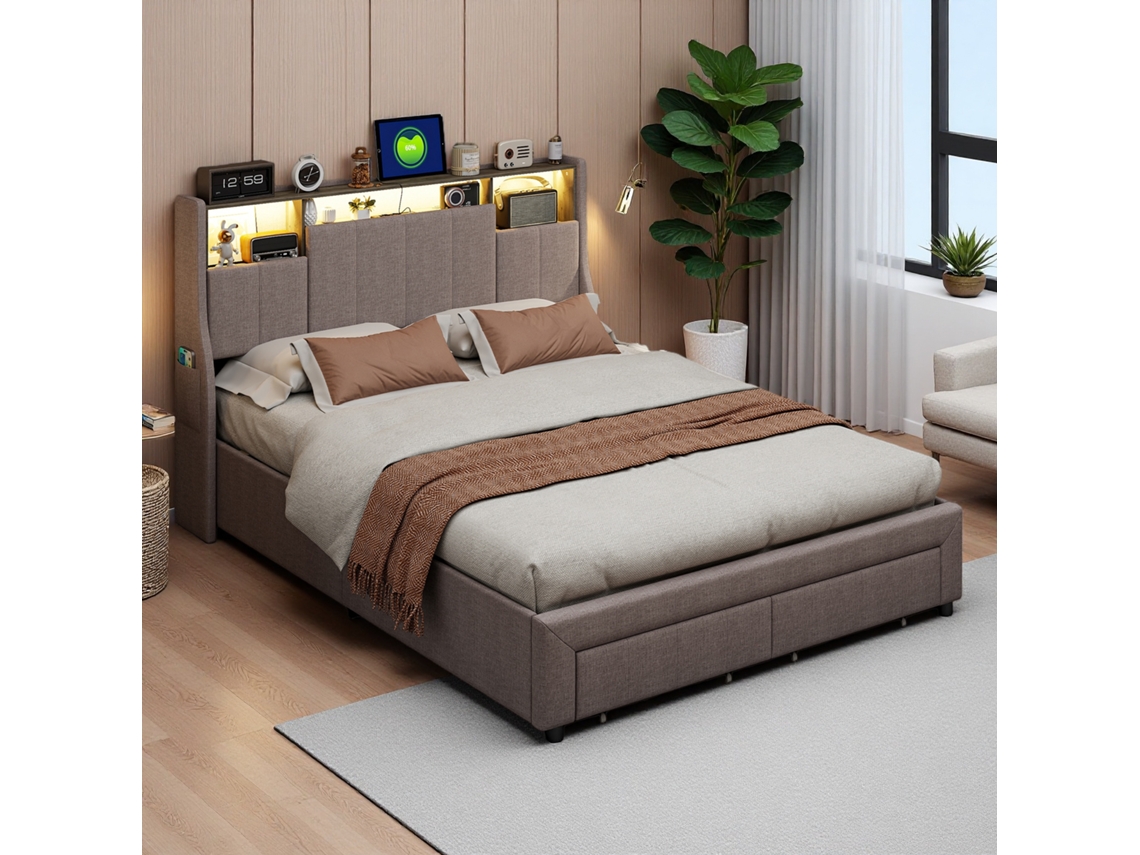 Cama De Matrimonio Moderna 140x200cm, Cama Con Almacenamiento Y Cajones, Cabecero Con Led Rgb Y Bolsillos, Tela De Lino Gris, Diseño Minimalista