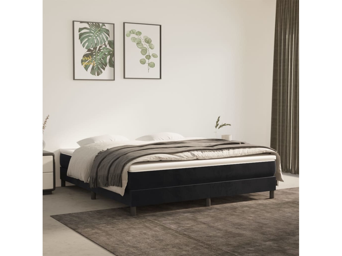 Cama Box Spring Con Colchón Terciopelo Negro 160x200 Cm