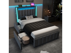 Cama con 2 cajones 90x200 cm tapizada en lino con función de carga e iluminación LED Estilo Gris