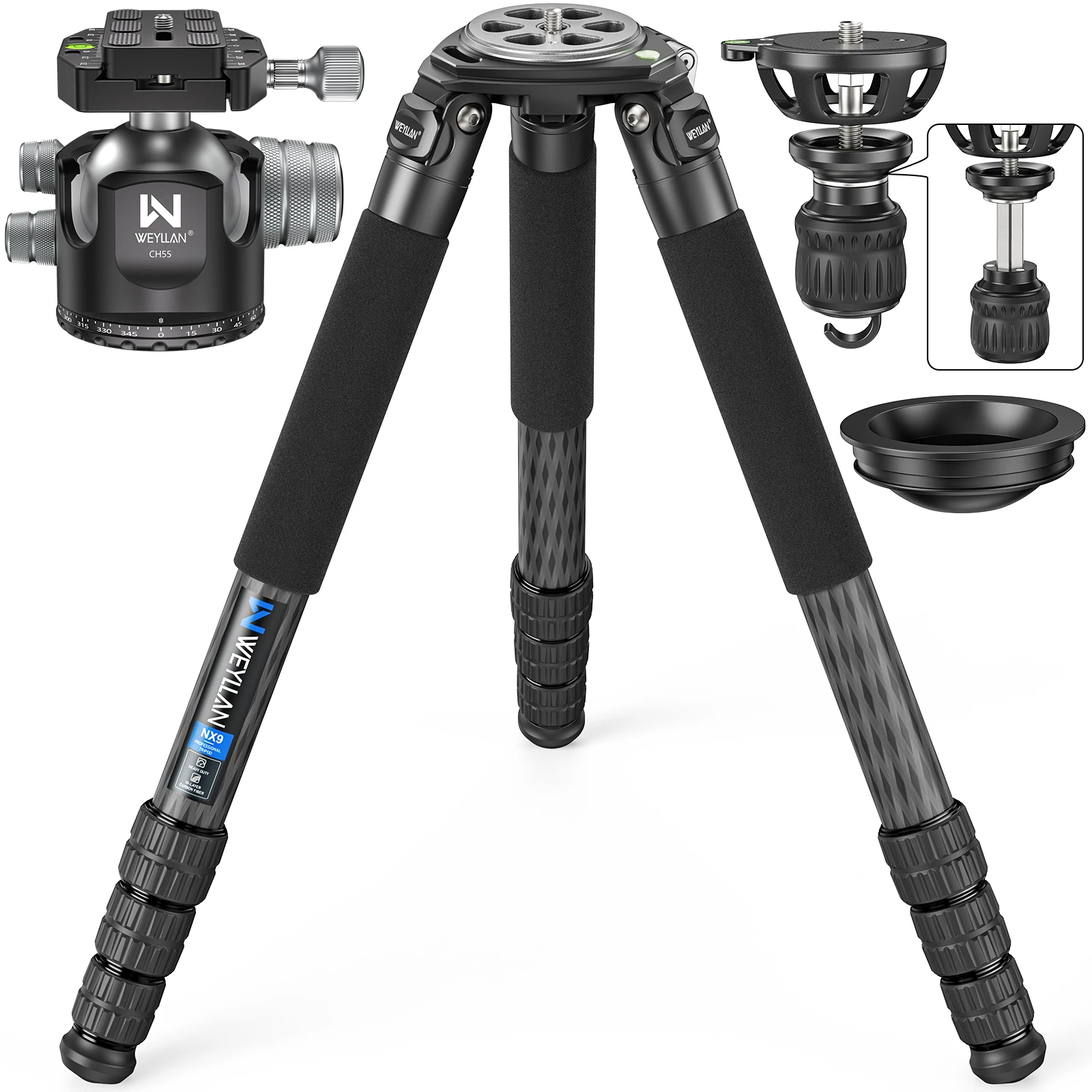 Trípode profesional de fibra de carbono NX9 para DSLR, 10 capas, tubo máximo de 40 mm, ultraestable, adaptador de tazón de 75 mm, incluye CH55 B75M.