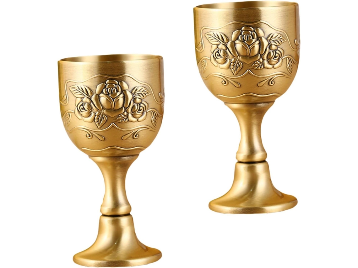 Conjunto De 2 Taças De Vinho Em Liga De Zinco Com Padrão Floral Gravado.