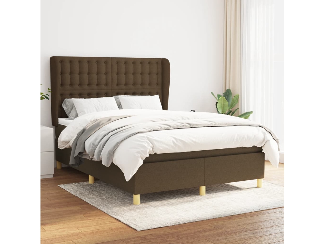 Cama Box Spring Con Colchón Tela Marrón Oscuro 140x200 Cm