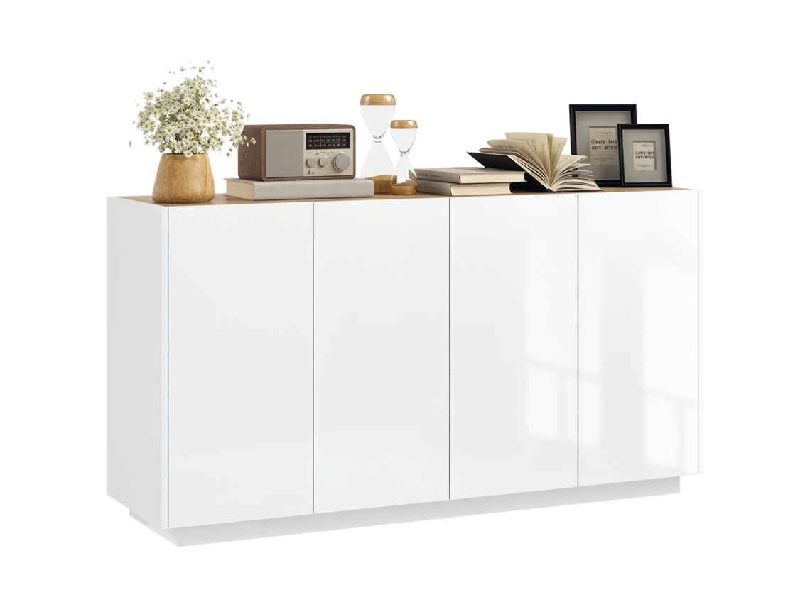 Aparador/bufé de comedor con 4 puertas, estantes regulables, 140x40x75cm, lacado en blanco.