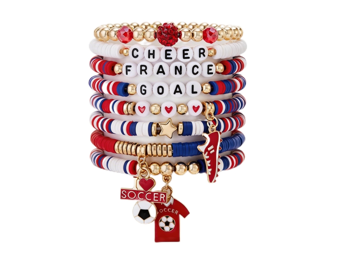 Kit de pulseras de fútbol para mujer, 7-8 piezas, pulseras elásticas apilables con dije de balón para aficionados.