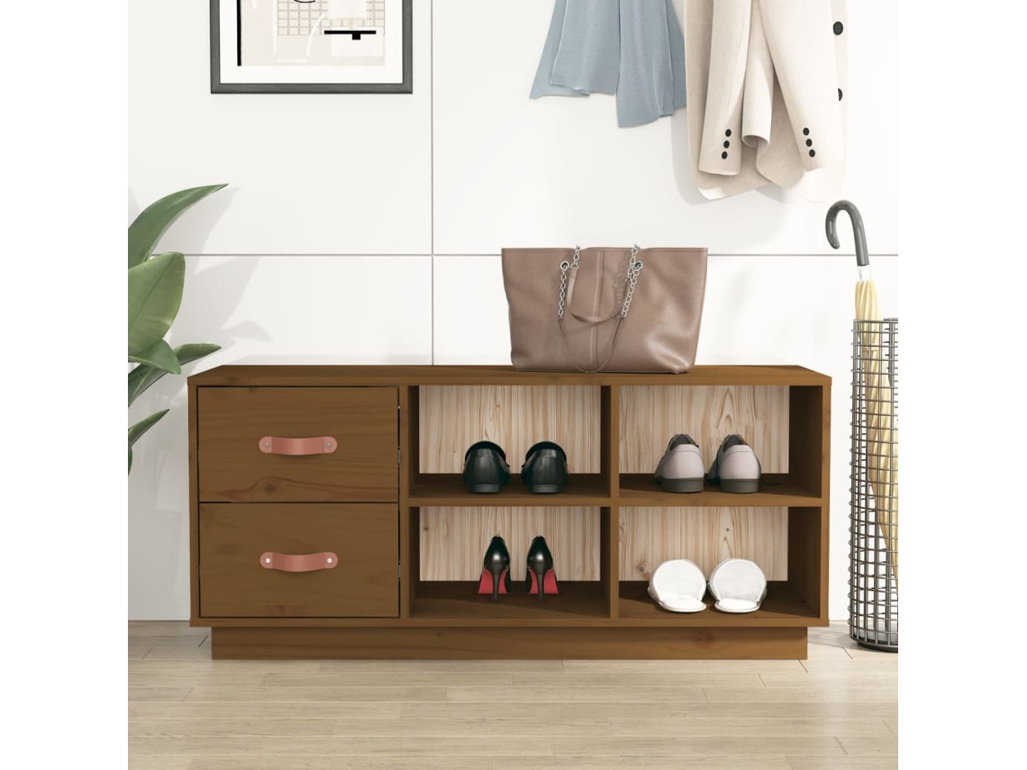 Banco Zapatero Organizador en Pino Macizo 100X34X45 Cm Marrón Miel