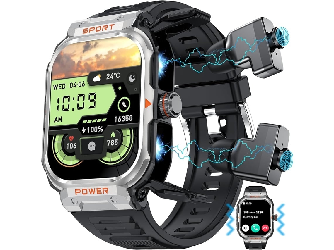 Reloj inteligente militar para hombre con auriculares TWS, llamadas Bluetooth, deportes al aire libre, monitor de actividad física y monitor de canales.