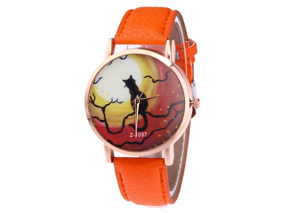 Reloj De Cuarzo Unisex Con Correa De Cuero Pu, Dial Gatuno, Casual Y Fashion (naranja)