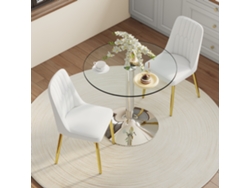 Conjunto Mesa Comedor 85 Cm - Vidrio Templado Con 2 Sillas Pu - Blanco Dorado Plateado