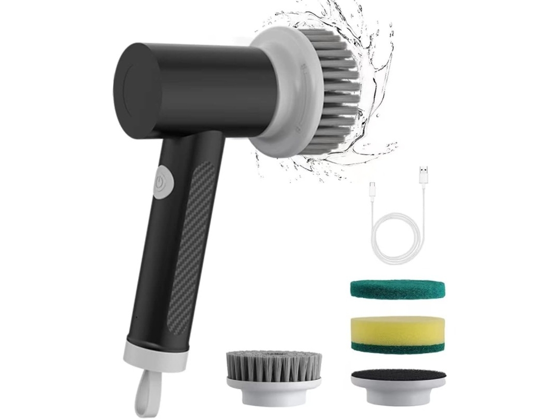 Cepillo de limpieza eléctrico recargable con 2 velocidades y 3 cabezales para cocina (negro) Gertiz