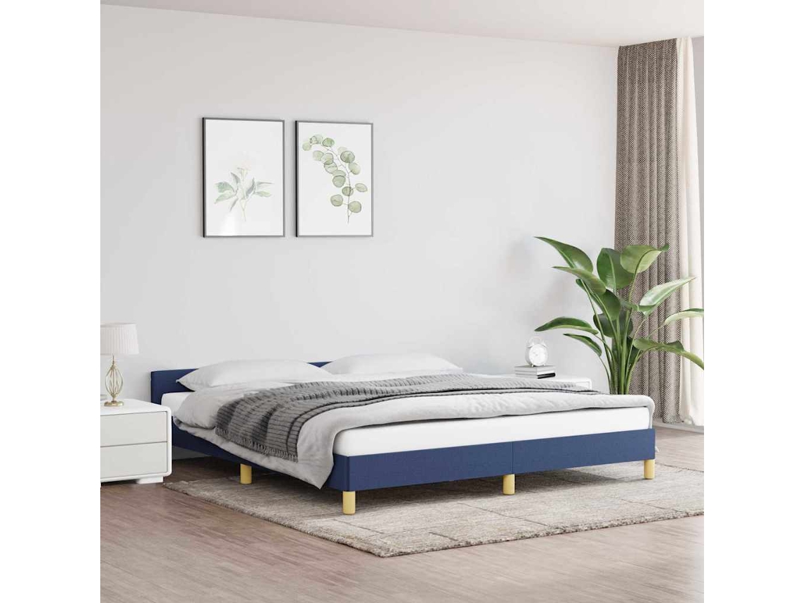 Estructura De Cama Con Cabecero Sin Colchón Tela Azul 160x200cm