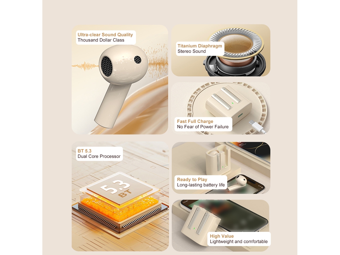 Auriculares Inalámbricos Bluetooth 5.3: Diseño Semi-intraural Ligero Y Ergonómico, Sonido Estéreo De 360°, Carga Rápida Y Batería De Larga Duración.