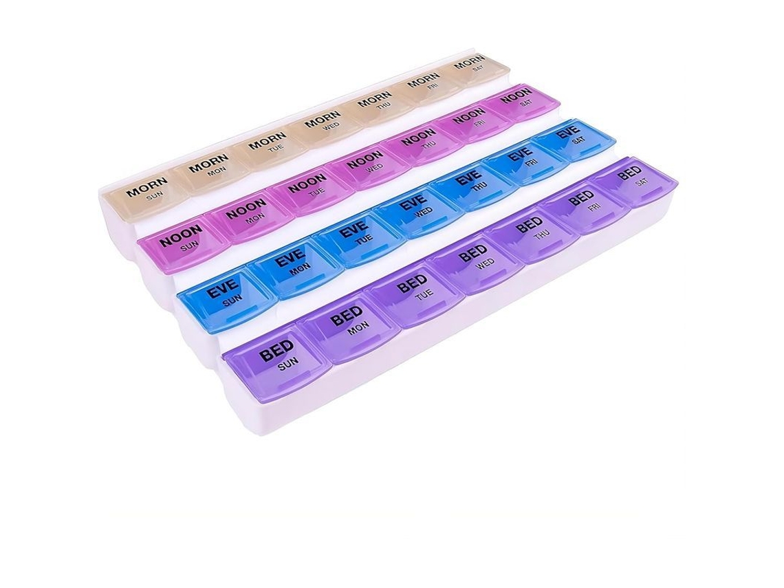 Organizador Semanal De Pastillas, Para 4 Tomas Al Día, Con Tapas Transparentes Y Fáciles De Abrir.