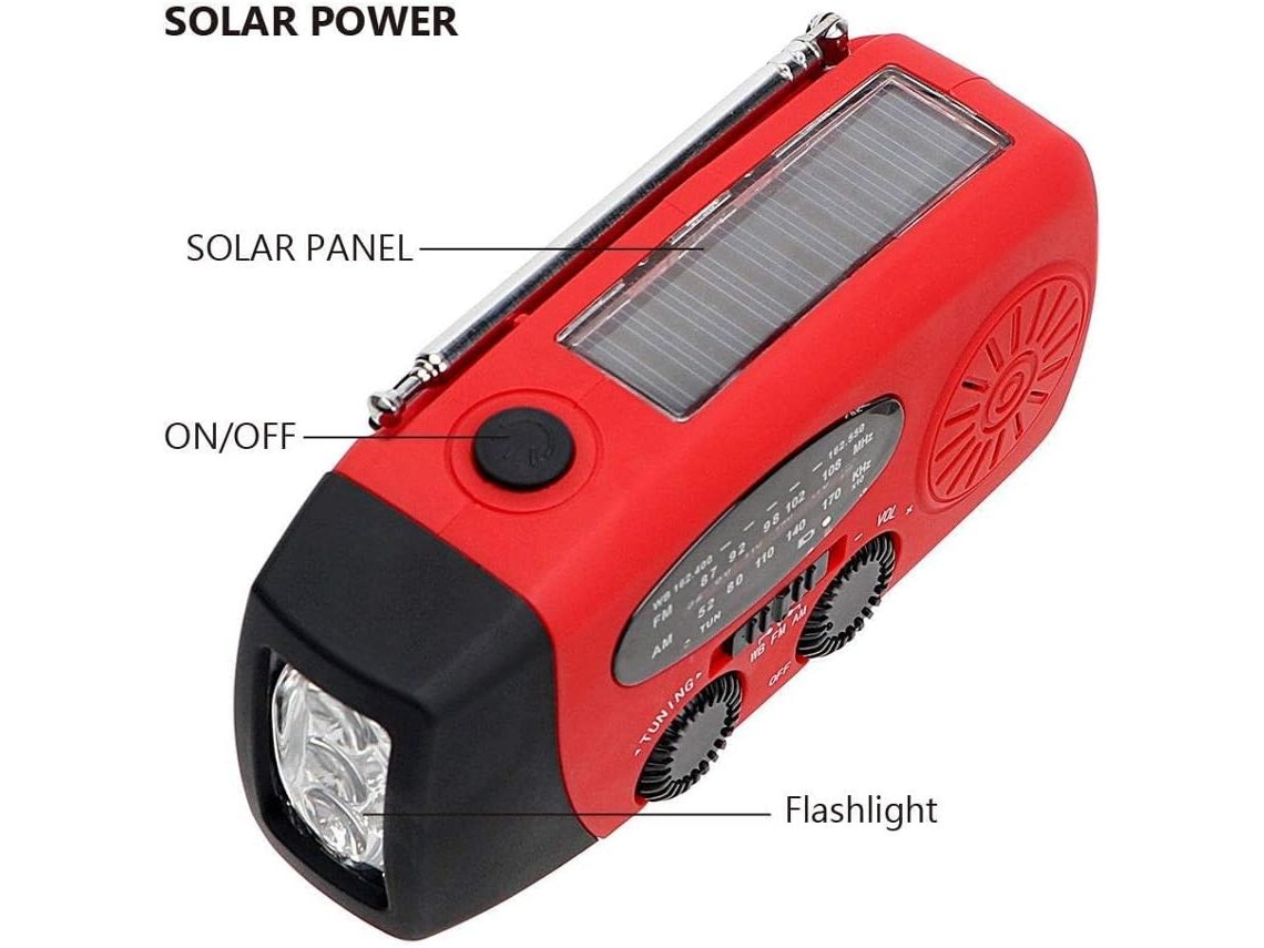 Radio meteorológica portátil con energía solar Mdug con 3 luces LED superbrillantes y batería externa de 2000 mAh.