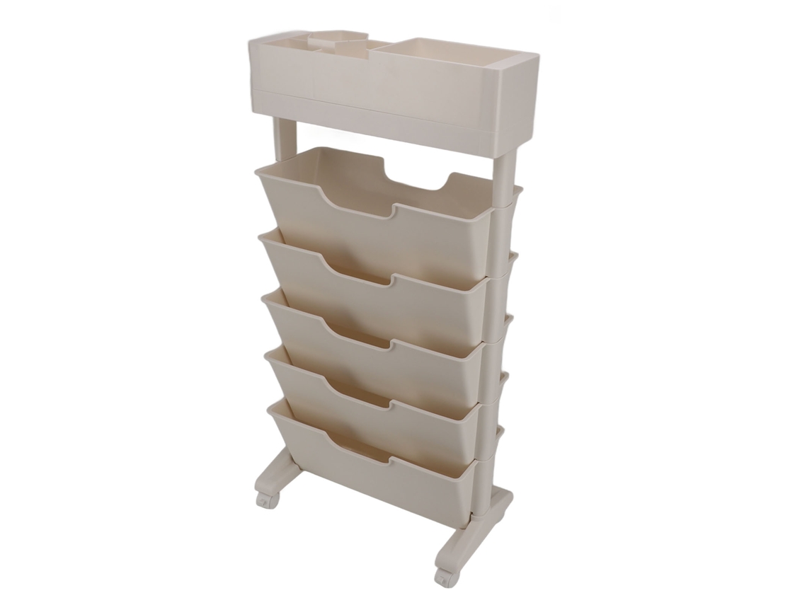Librería estrecha de plástico blanco y beige, con ruedas, ideal para sala de estar, dormitorio y cocina. 40,4 cm.