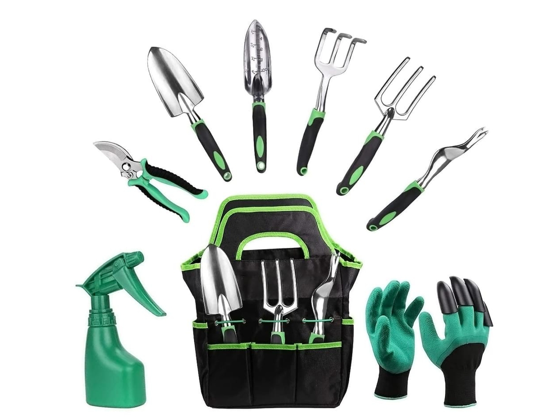 MEOIRUERY Juego de Herramientas para Jardín 9 en 1 con Bolsa, Guantes y Tijeras de Poda, Verde