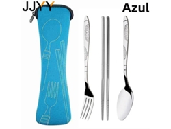(azul 3 Piezas) Juego De Cubiertos Portátil De Acero Inoxidable Con Patrón En Relieve, Bolsa De Almacenamiento De Viaje