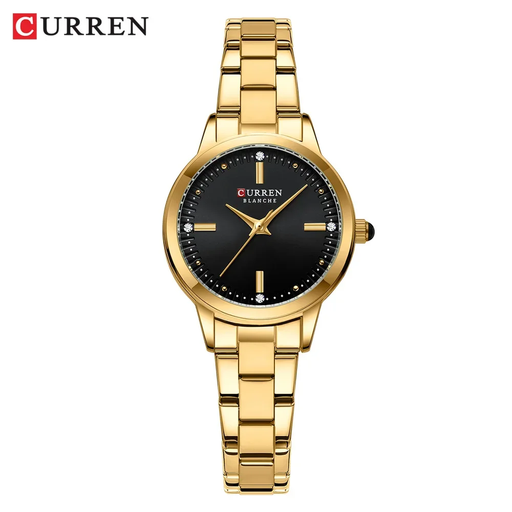 Reloj de Mujer (Dorado y Negro) con Brazalete de Acero Inoxidable, Resistente al Agua y Diseño Sencillo.