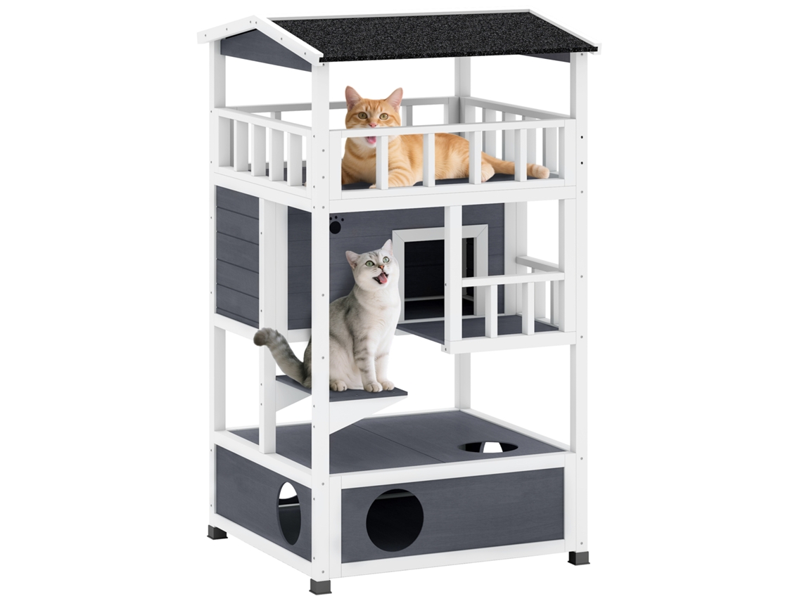Casa para gatos, caseta de madera de abeto con amplio espacio, 4 niveles y arenero desmontable, 75,5 x 75 x 137 cm