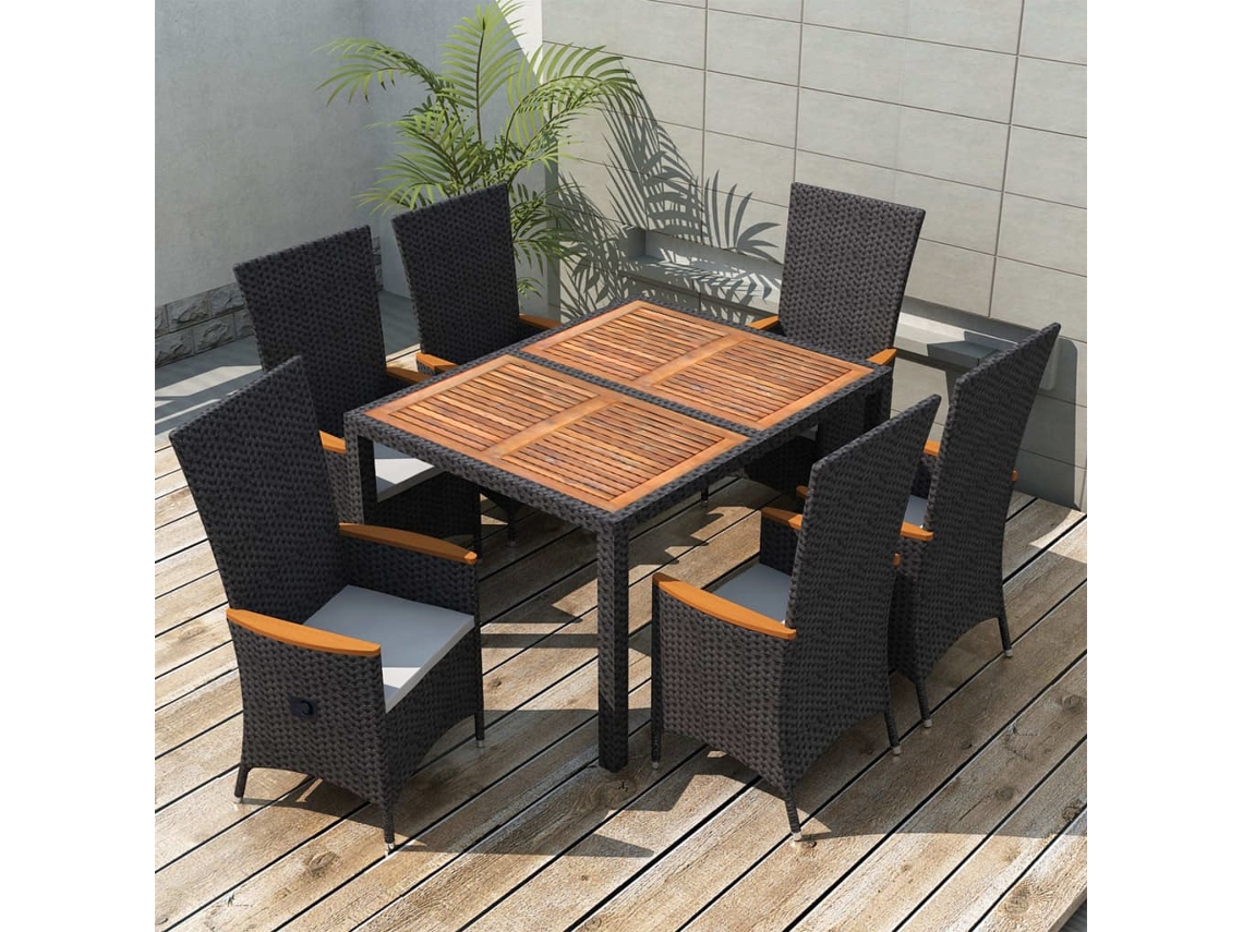 Juego de comedor de exterior de 7 piezas en mimbre, madera de acacia, negro, DKD Home Decor