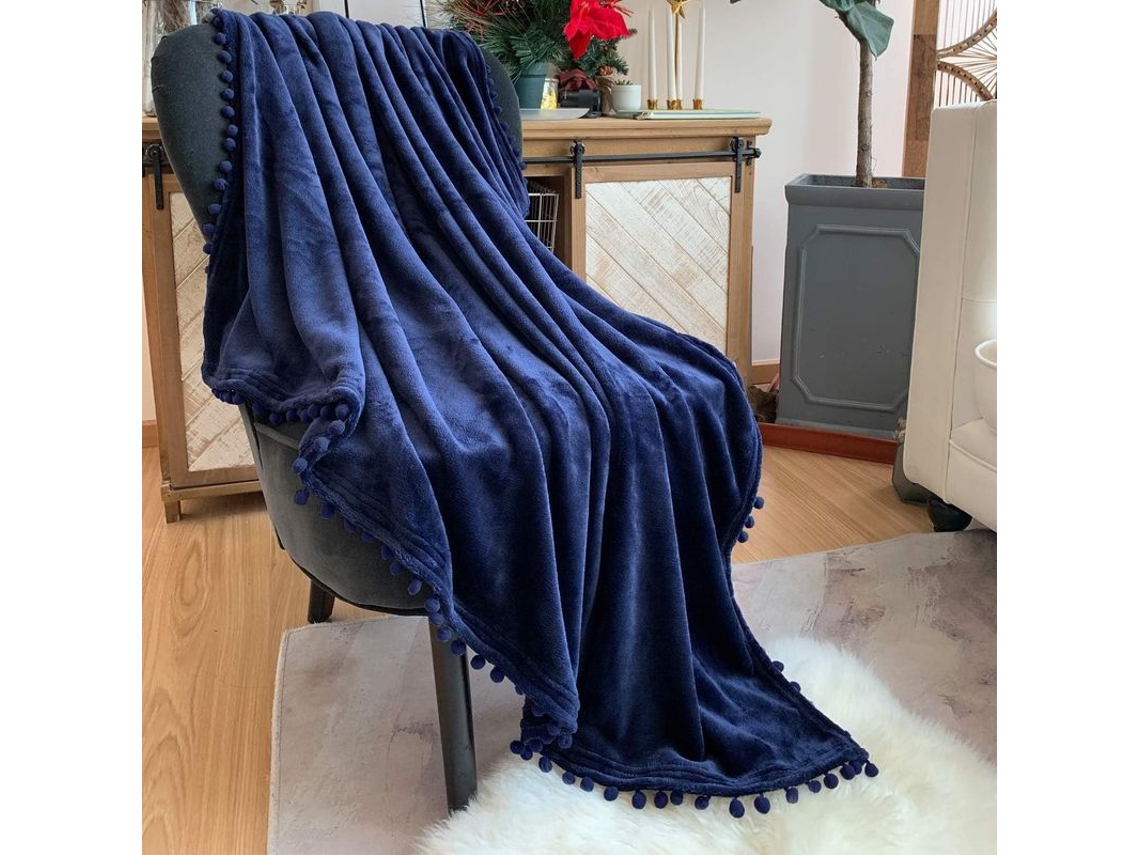 Rebe-manta Flanela Ligera Suave Con Flecos De Pompones Para Sofa Cama Todas Las Estaciones Azul Marino 51x59 Pulgadas