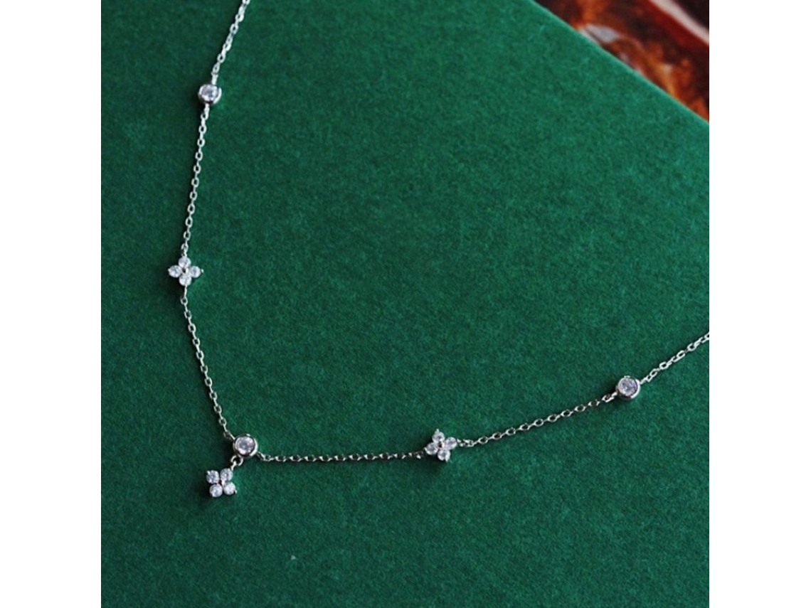 (oro Blanco) Plata De Ley 925, Collar Chanel Con Trébol De Cuatro Hojas Y Delicada Cadena Cruzada, Diseño Geométrico