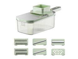 Rallador multifuncional versátil con tres herramientas de corte para frutas y verduras, ideal para uso doméstico y culinario.
