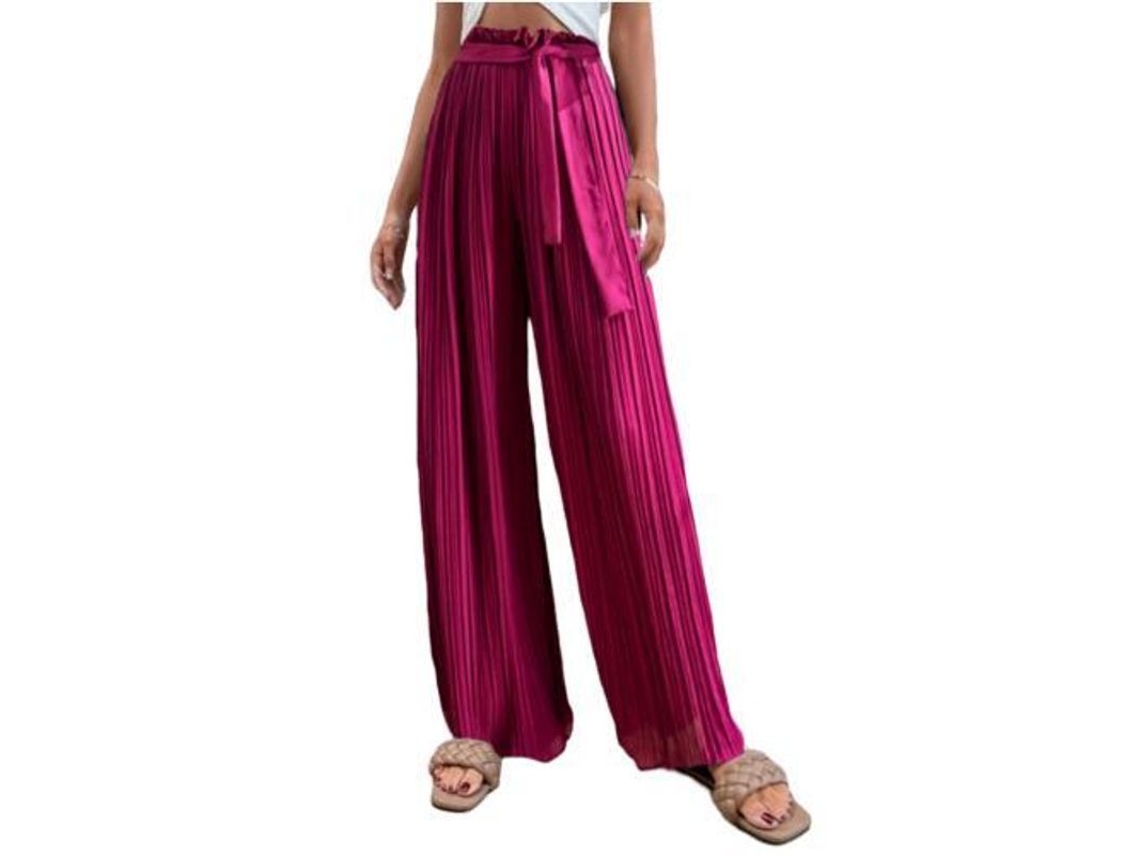 Calça Palazzo Feminina de Chiffon com Pernas Largas, Cordão e Pregas, Tamanho XL, Roxo e Vermelho (Modelo 2026)