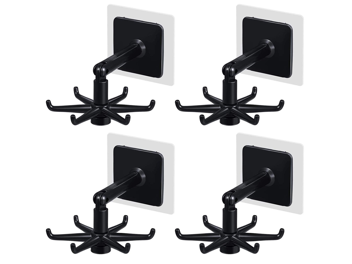 Gancho de pared plegable de 360°, 6 ganchos, instalación adhesiva. 4 piezas negras, para cocina y baño.