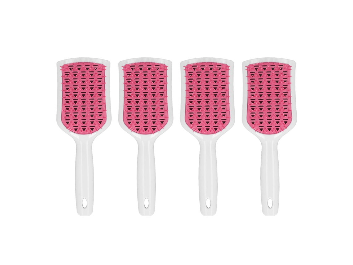 4pcs Cepillo De Pelo Curvo Con Ventanas Para Pelo Grueso Paddle Detangling Masaje Blanco Mango Dientes Rosa