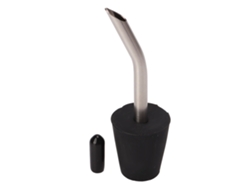 Válvula de acero inoxidable para botellas con tapón negro antipolvo.