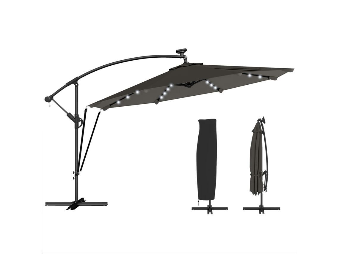 Sombrilla de jardín, aluminio, base en cruz, LED solar, Ø345 cm, gris