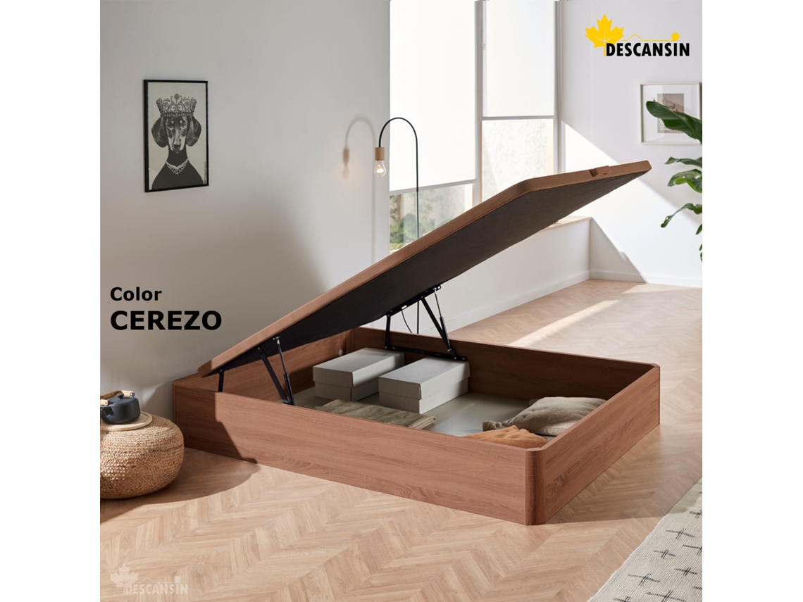 Canape Abatible DESCANSIN | 150 x 190 cm | Cerezo | Patas en Madera de Haya Maciza | Reforzado | Gran Almacenaje