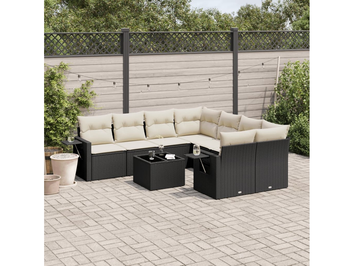 Conjunto de sofá de jardín de 9 piezas con cojines, ratán negro, Dkd Home Decor