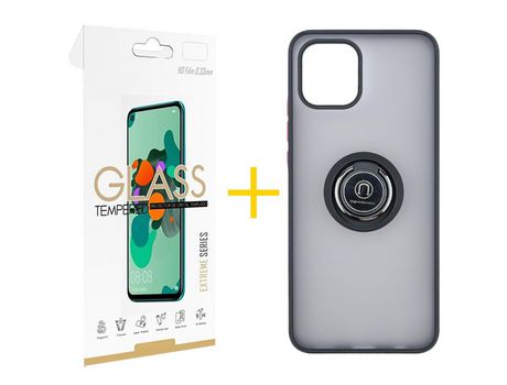 Pack 1 X Película de Vidrio Templado 2.5D + Funda SKYHE por Apple iPhone 15 Gel Bumper con Anillo Negro